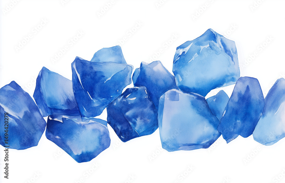 Poster watercolor blue ice particles on white background simple clip art and flat vector illustration in mi