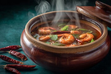 Aromatic Shrimp Soup with Fresh Herbs and Spicy Chili in a Traditional Clay Pot on a Dark Green Background