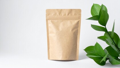 Custom AI Model EcoFriendly Kraft Paper Pouch Packaging with Green Leaves