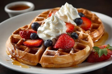 Delicious waffles topped with fresh strawberries, blueberries, whipped cream, and maple syrup in an elegant presentation