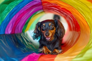 Dog with colorful slide tube