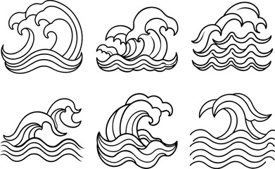Set of wave outline line art illustration, coloring book page