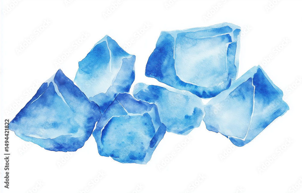 Poster watercolor blue ice particles on white background simple clip art and flat vector illustration in mi