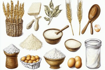 Detailed Illustration of Various Grains, Flours, and Eggs in Natural Colors for Culinary and Cooking Themes