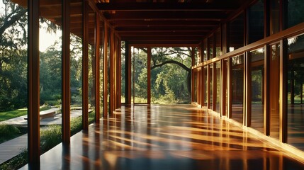 Fototapeta premium Sunlight streams through wooden beams of a structure with expansive glass windows, framing a lush, green forest