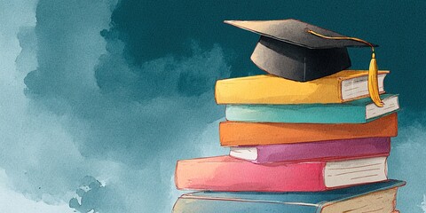 A vibrant watercolor style illustration of a graduation cap resting on a stack of colorful books, symbolizing achievement and the joy of learning. High quality