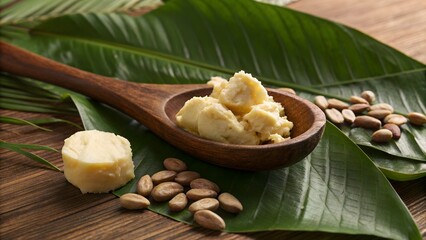 raw murumuru butter on wooden spoon split murumuru seeds and tropical leaves nearby  organic skincare setup