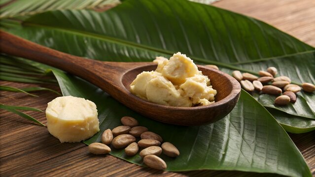 raw murumuru butter on wooden spoon split murumuru seeds and tropical leaves nearby  organic skincare setup