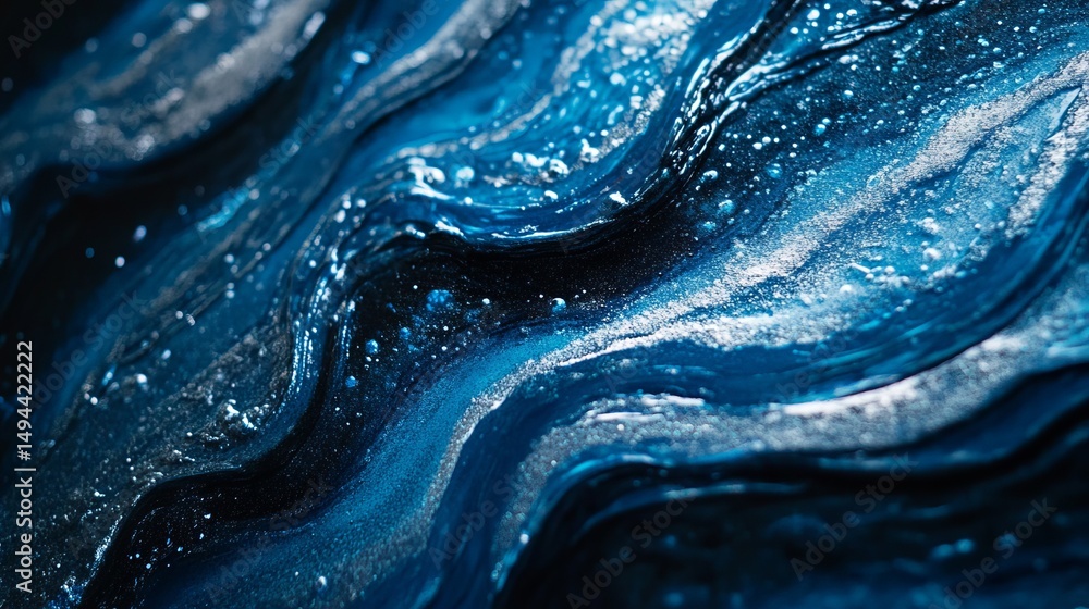 Poster abstract ocean-like art piece, deep blues and silver. flows of color with textured waves, a unique a