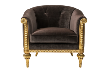 PNG Luxurious brown velvet armchair with ornate gold detailing and carved legs