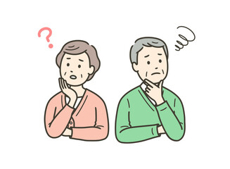 高齢男女の夫婦が悩んでいる上半身イラスト
