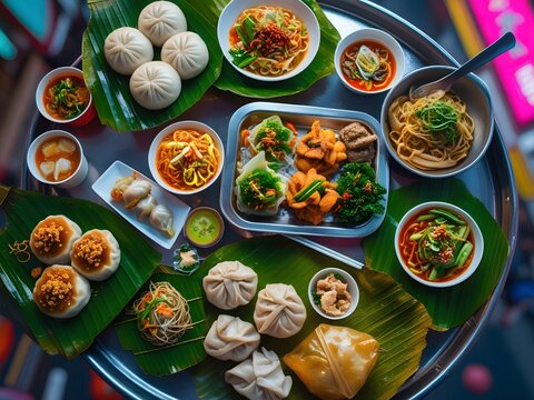 Delicious asian street food platter on a tray - Powered by Adobe