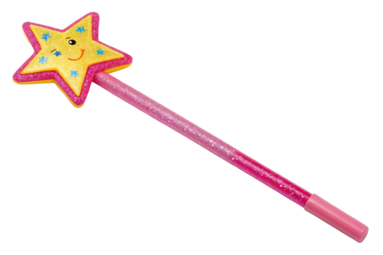 PNG Bright pink star magic wand with glittery handle and smiling face