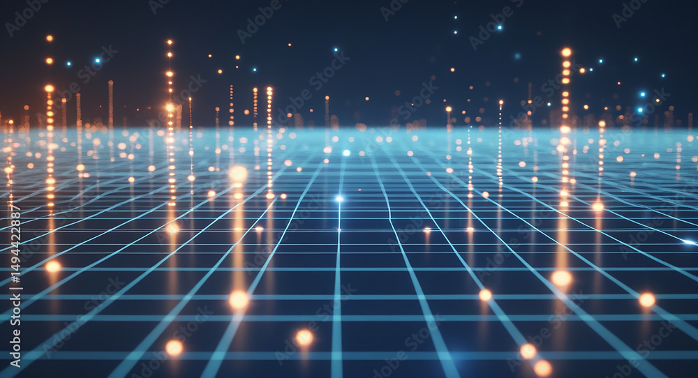 Poster digital network: a grid of glowing blue lines and orange lights emanates from the depth of a dark di