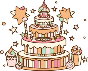 Playful Birthday Cake Illustration Whimsical Design