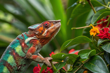 Obraz premium A vividly patterned chameleon in shades of blue, green, yellow, and orange is seen clinging to a branch within a vibrant tropical environment