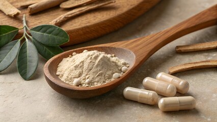 wooden spoon with powdered ashwagandha root slices and capsules nearby Ayurveda herbal vibe health supplement concept