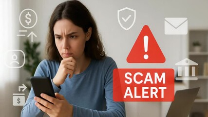 A woman looking concerned while checking her phone for potential scams or alerts.
