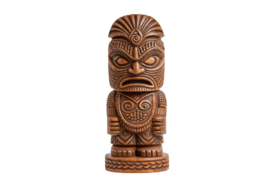 PNG Intricately carved wooden tiki statue with traditional polynesian design