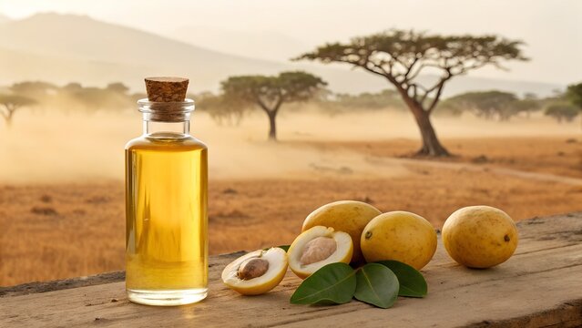 transparent oil bottle with golden marula oil surrounded by whole and cut marula fruits dusty savannah mood