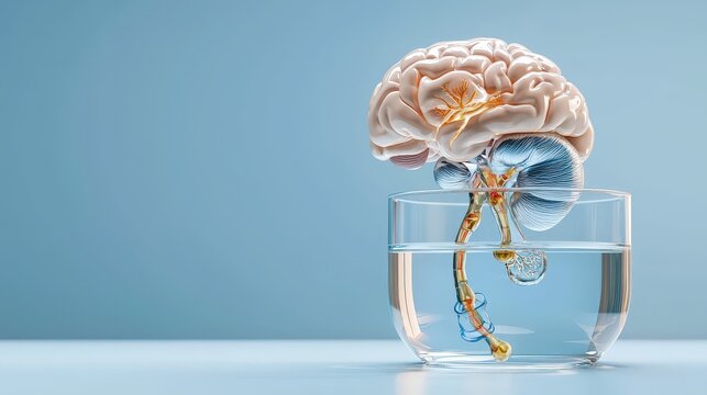 A detailed anatomical brain model resting in a glass of water is displayed against a serene blue background, symbolizing knowledge and the complexities of the mind.