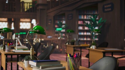 Empty inspiring library interior with heritage design and peaceful lighting, a classic academic...