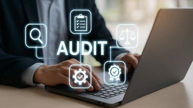 Professional audit concept with tools and icons on laptop screen for effective analysis.