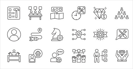 Business company and Management icon set. Contains symbol of success, data, reward, work, money, employee, businessman, target, finance, lunchtime, task, shop, meeting, education. Vector illustration