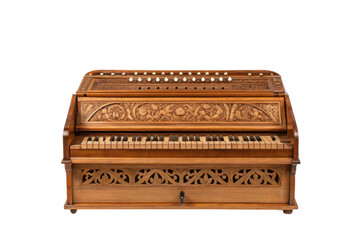 PNG Ornate wooden harmonium with intricate carving and keyboard