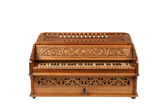 PNG Ornate wooden harmonium with intricate carving and keyboard
