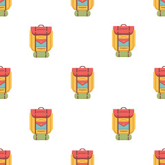 Seamless pattern design with colorful backpack icons for adventure gear