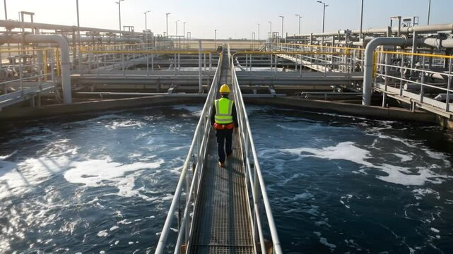 Water treatment plant worker on walkway