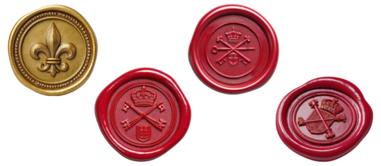 Vintage wax seal stamps with royal symbols and emblems, red and gold antique insignia, PNG