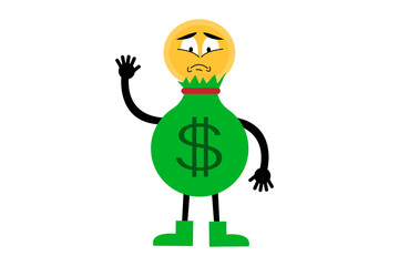 Sad money sack character waving hand