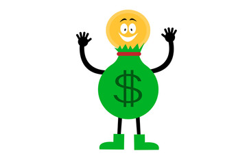 Smilling money bag character waving