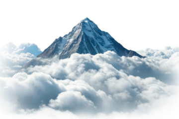 PNG Snow-capped mountain peak emerging through fluffy clouds against clear sky
