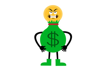 Angry money sack character with hands on waist