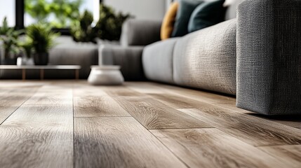 Detailed view of wooden floor leading to a modern gray couch and vibrant cushions in a well-lit living room