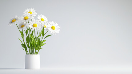 Beautiful arrangement of white daisies in simple white vase, bringing fresh and cheerful atmosphere to any space