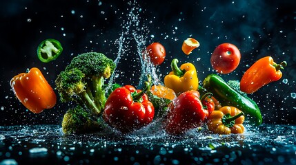 Vibrant Vegetables Splashing Water Fresh Broccoli Peppers Tomatoes Healthy Eating Food Photography