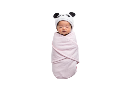 PNG Asian newborn baby wrapped in pink blanket with panda hat on black background - Powered by Adobe