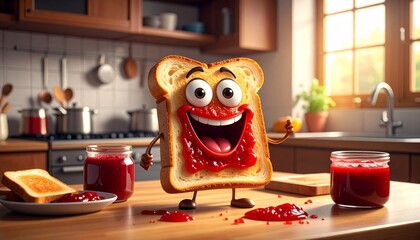 Custom AI Model Happy Toast, Kitchen Scene, Jam, Bread, Cartoon, Delightful Breakfast, Sweet Treat, Red Fruit Spread