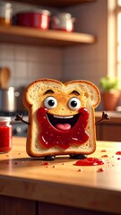 Custom AI Model Happy Toast, Kitchen Scene, Jam, Bread, Cartoon, Delightful Breakfast, Sweet Treat, Red Fruit Spread