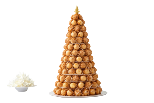 PNG Elegant croquembouche dessert tower with decorative cream swirls