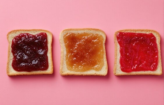 Three slices of toast topped with different jams, arranged in a row on a pink surface