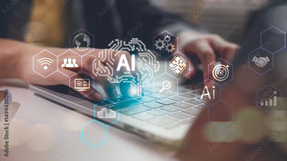 Poster close-up of hands typing on laptop with glowing ai icons and digital technology interface, symbolizi