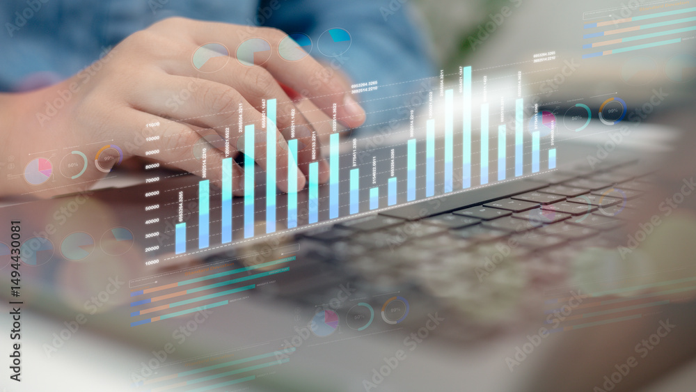 Poster close-up of hands on laptop keyboard with digital analytics dashboard, bar chart, and data visualiza