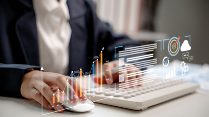 Businesswoman analyzing financial data and performance growth with futuristic chart and KPI dashboard, digital transformation and business analytics concept for strategic planning.