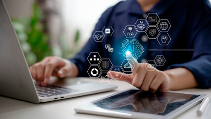 Businesswoman interacting with AI interface on virtual screen, showing artificial intelligence icons, neural network, automation, and smart data technology for digital innovation.