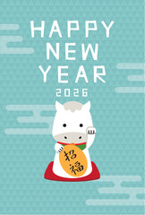 年賀状2026招き馬　招福　雲　水色背景　縦　白馬